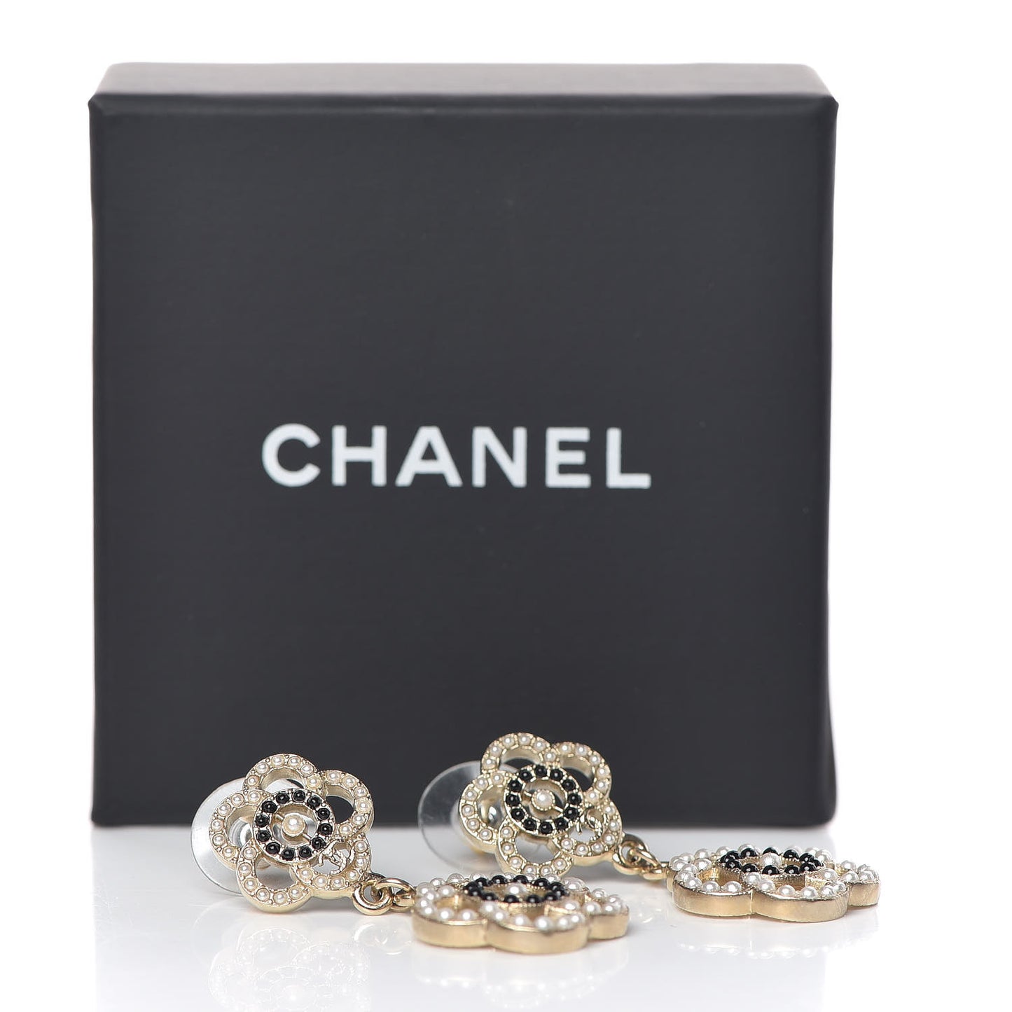 Enamel Pearl Flower Drop Earrings Black Gold