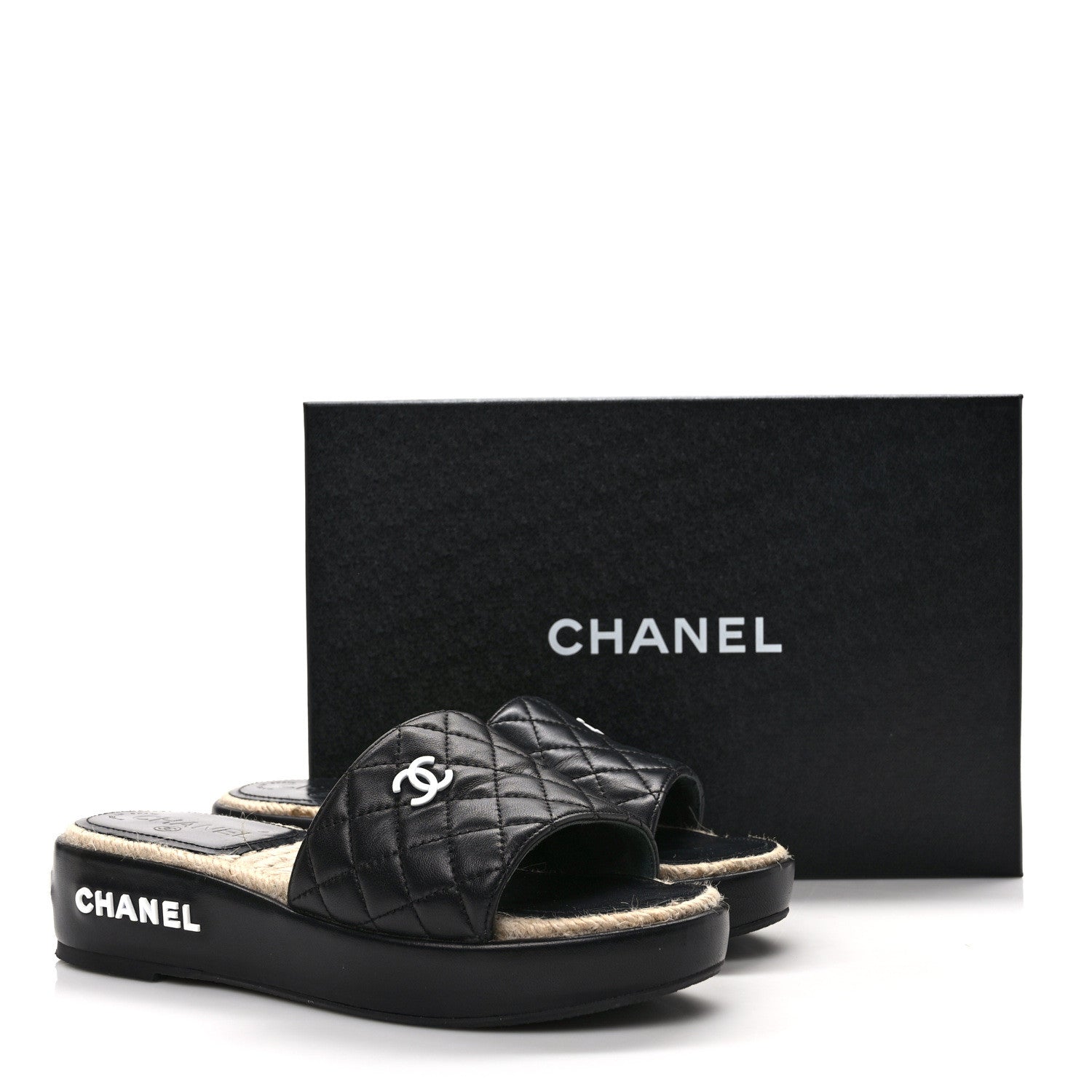 Chanel Lambskin Quilted CC Espadrille Slip On Sandals 37 Black 10 of 10