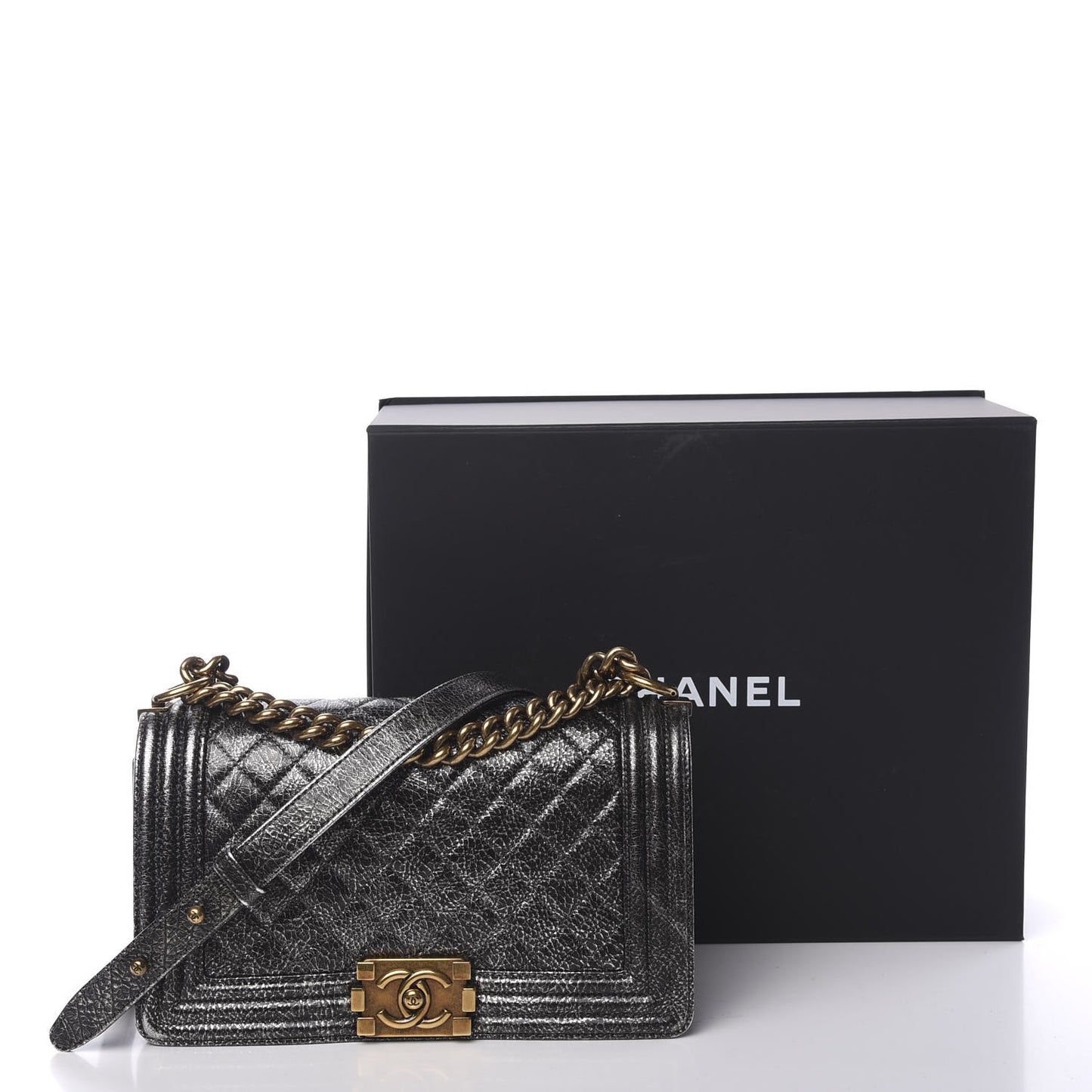 Cracked Metallic Calfskin Quilted Medium Boy Flap Dark Silver