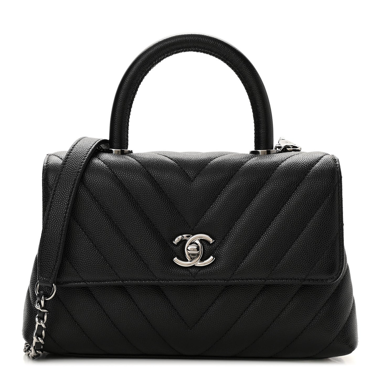 Caviar Chevron Quilted Mini Coco Handle Flap Black