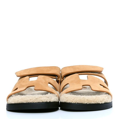 Hermes Suede Goatskin Woolskin Womens Chypre Sandals 36.5 Golden Beige 2 of 4