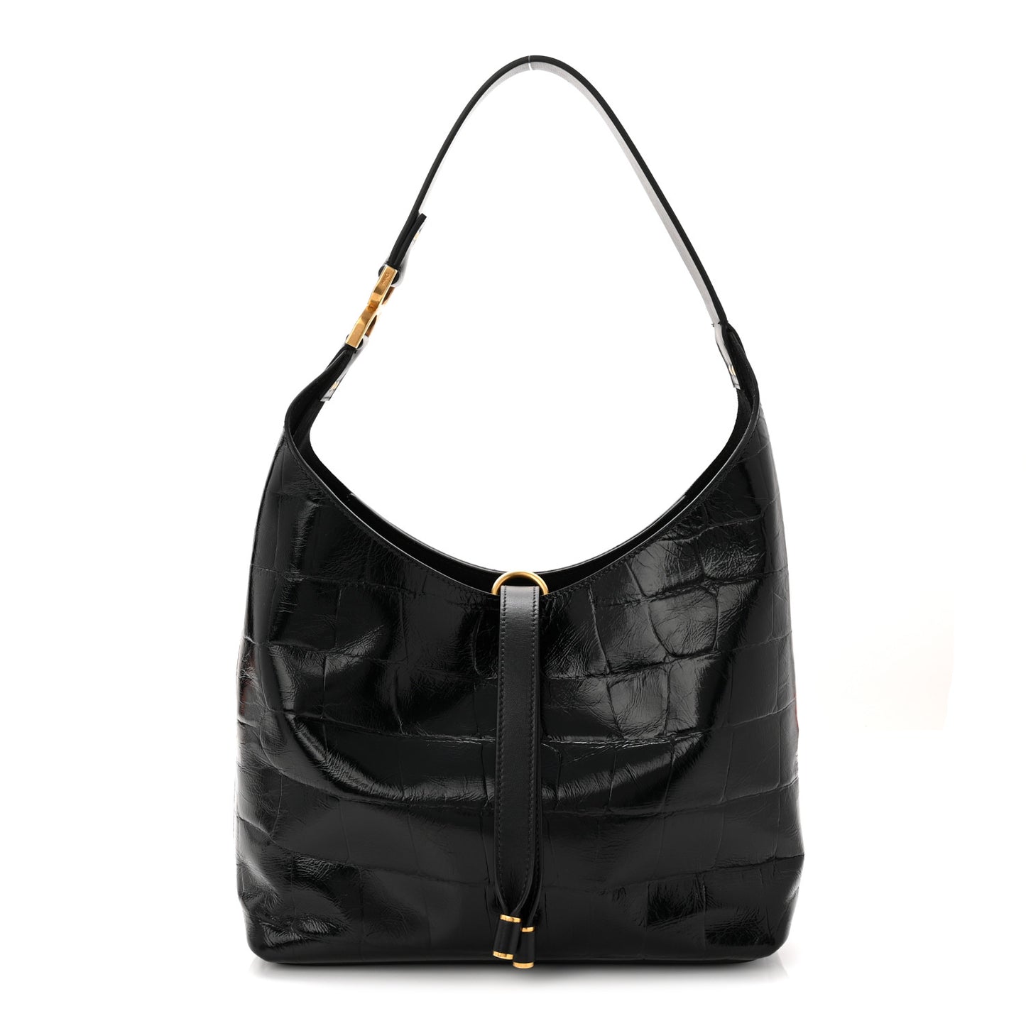 Shiny Calfskin Croco-Effect Embossed Small Marcie Hobo Bag Black