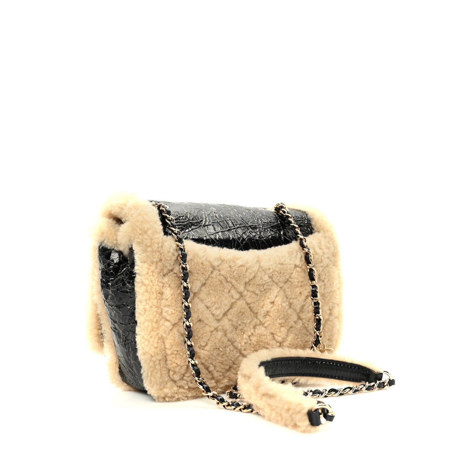 Chanel Shiny Crumpled Sheepskin Shearling CC Mania Flap Bag Black Beige 3 of 10