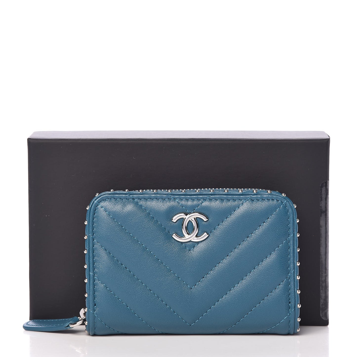 Lambskin Chevron Studded Zip Around Coin Purse Wallet Blue