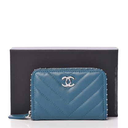Chanel Lambskin Chevron Studded Zip Around Coin Purse Wallet Blue 8 of 8
