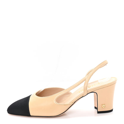 Chanel Goatskin Grosgrain Cap Toe CC Slingback Pumps 40 Beige Black 1 of 9
