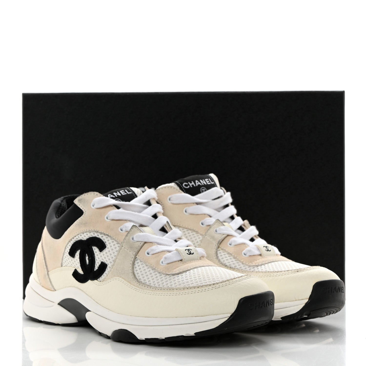 Chanel Mesh Suede Calfskin Grained Calfskin Womens CC Sneakers 41 White Black 11 of 11