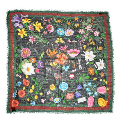 Gucci Wool Silk Floral Web Square Scarf Black Dark Green 1 of 5