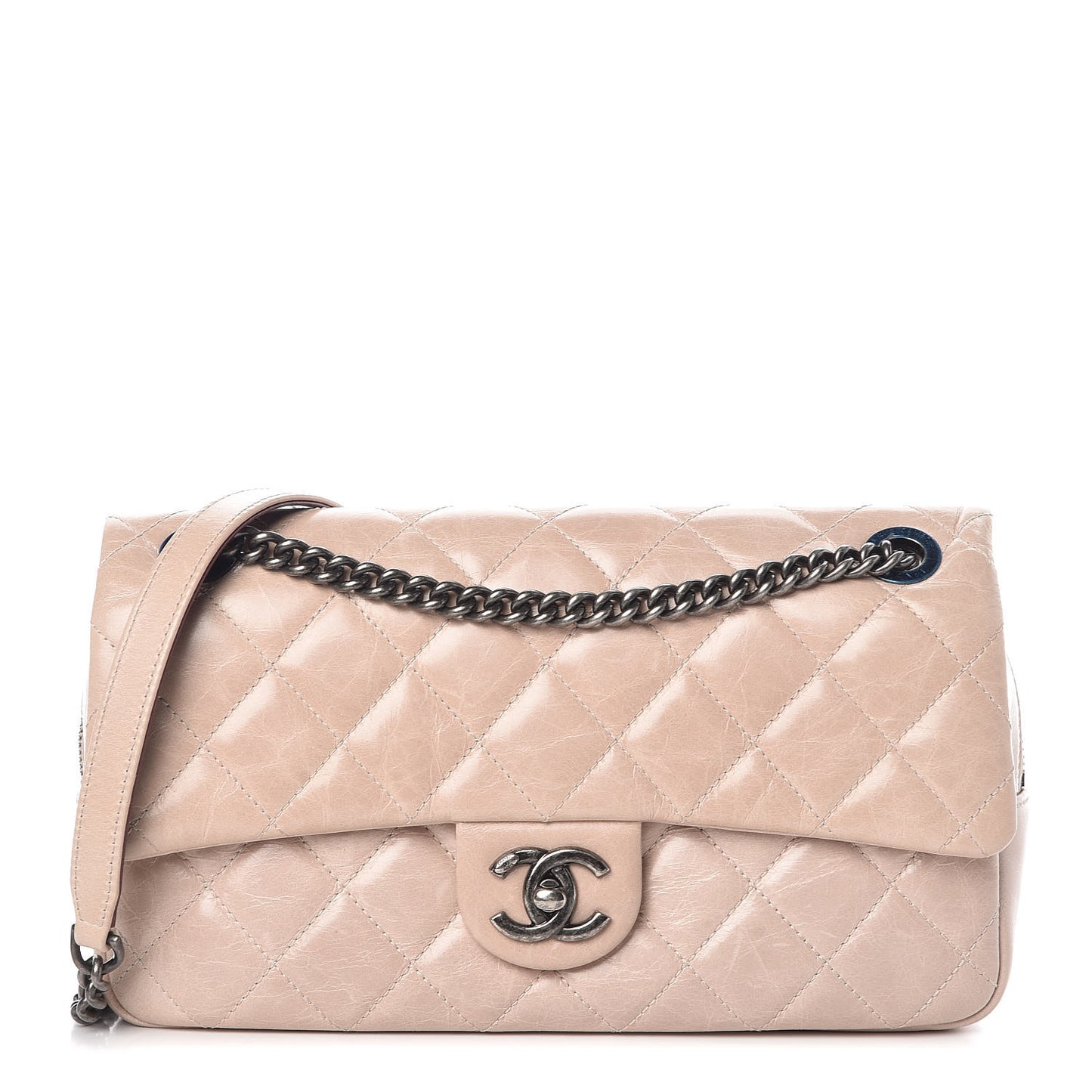 Glazed Calfskin Quilted Medium Duo Flap Beige