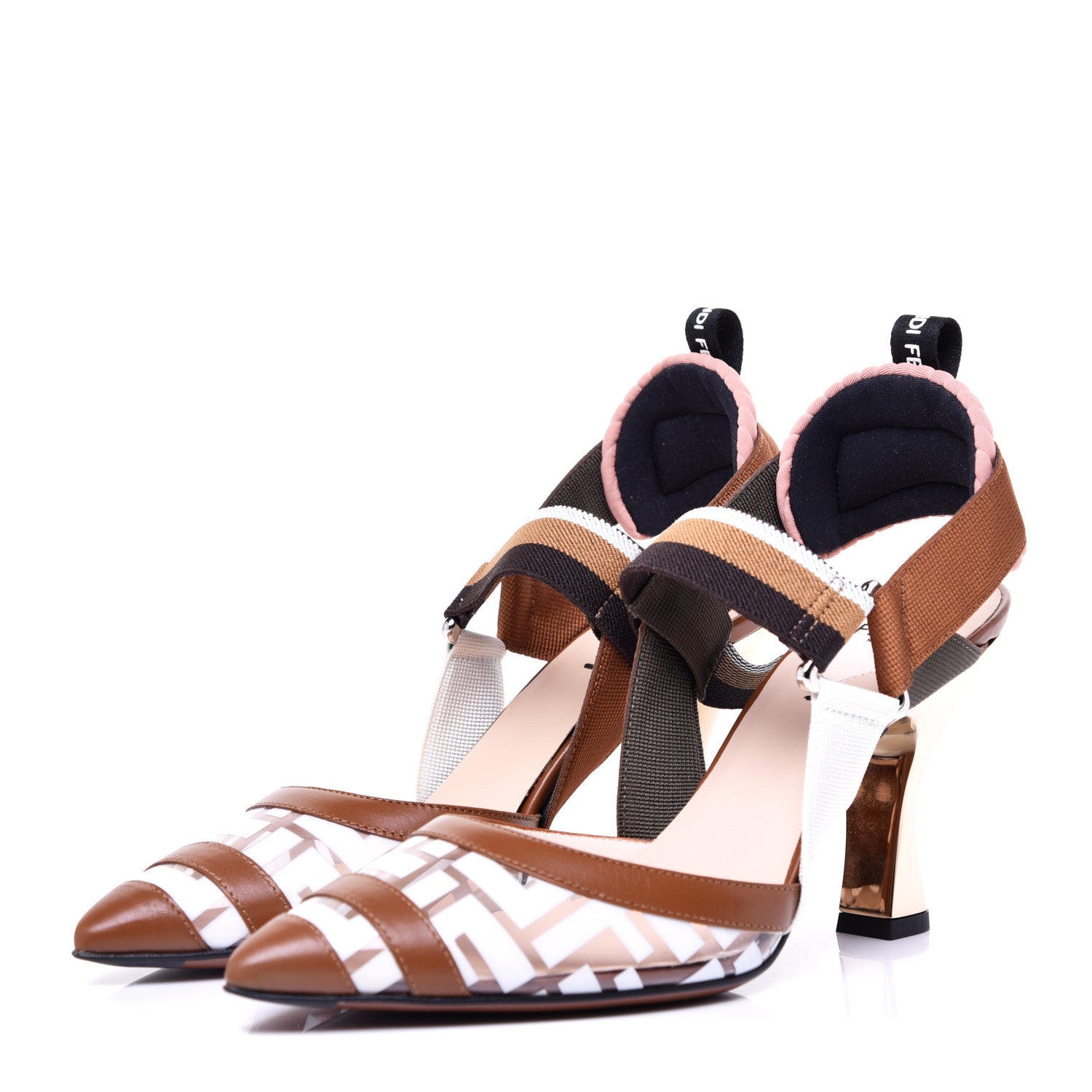 Fendi PVC Vitello FF Colibri 85mm Slingback Pumps 37.5 Transparent White Cuoio Avana 2 of 10