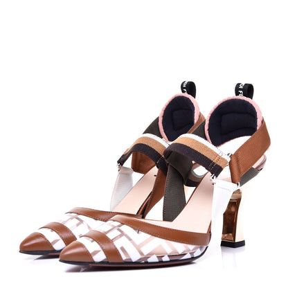 Fendi PVC Vitello FF Colibri 85mm Slingback Pumps 37.5 Transparent White Cuoio Avana 2 of 10