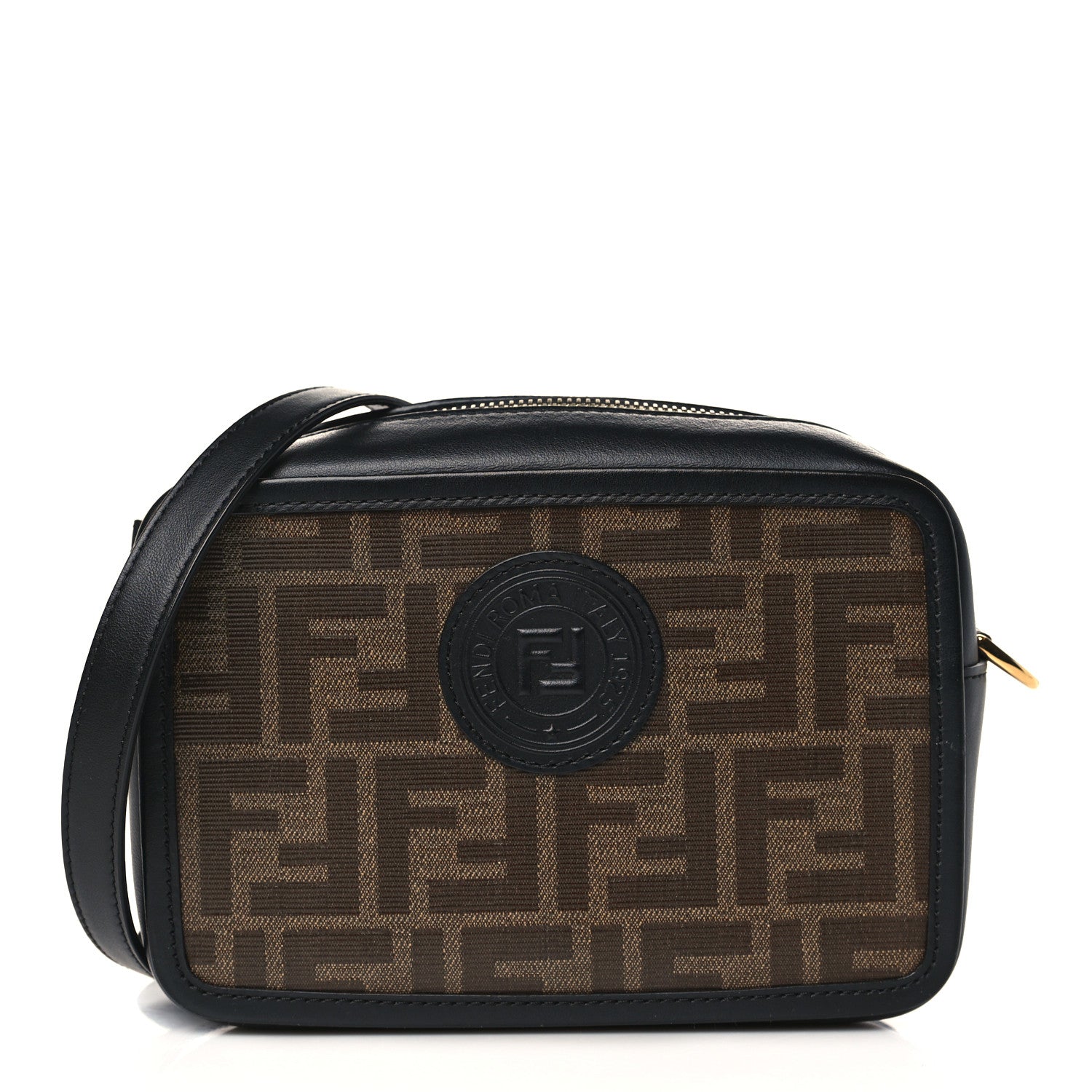 Fendi Glazed Fabric Vitello Century FF 1974 Stamp Patch Mini Camera Case Mogano Panna Black 1 of 10