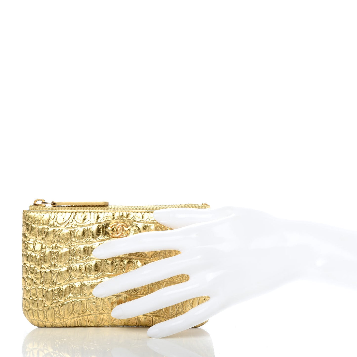 Metallic Calfskin Crocodile Embossed Cocodile Small Cosmetic Case Gold