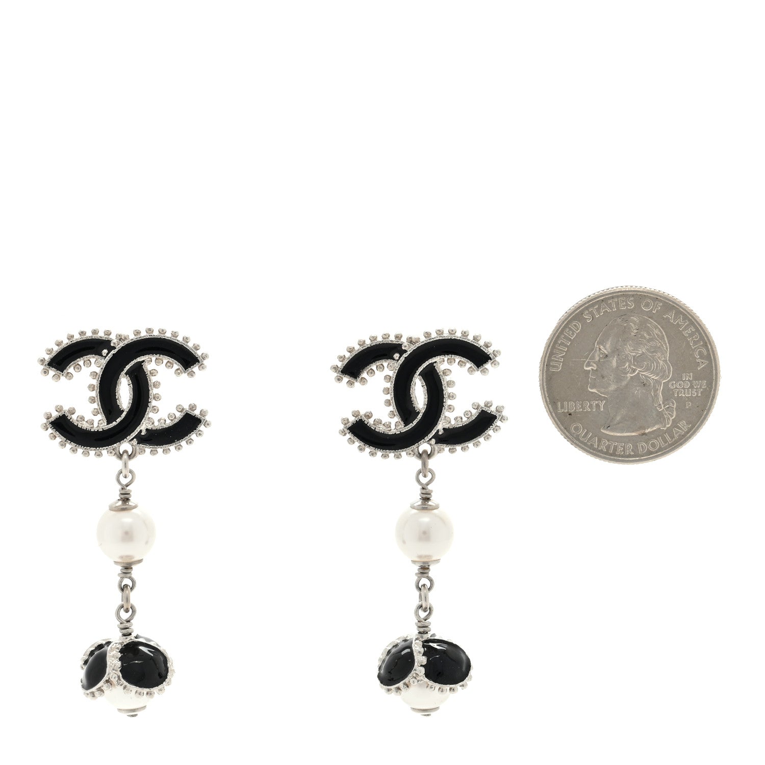 Chanel Metal Resin Bead Pearl CC Drop Earrings Silver White Black 2 of 4