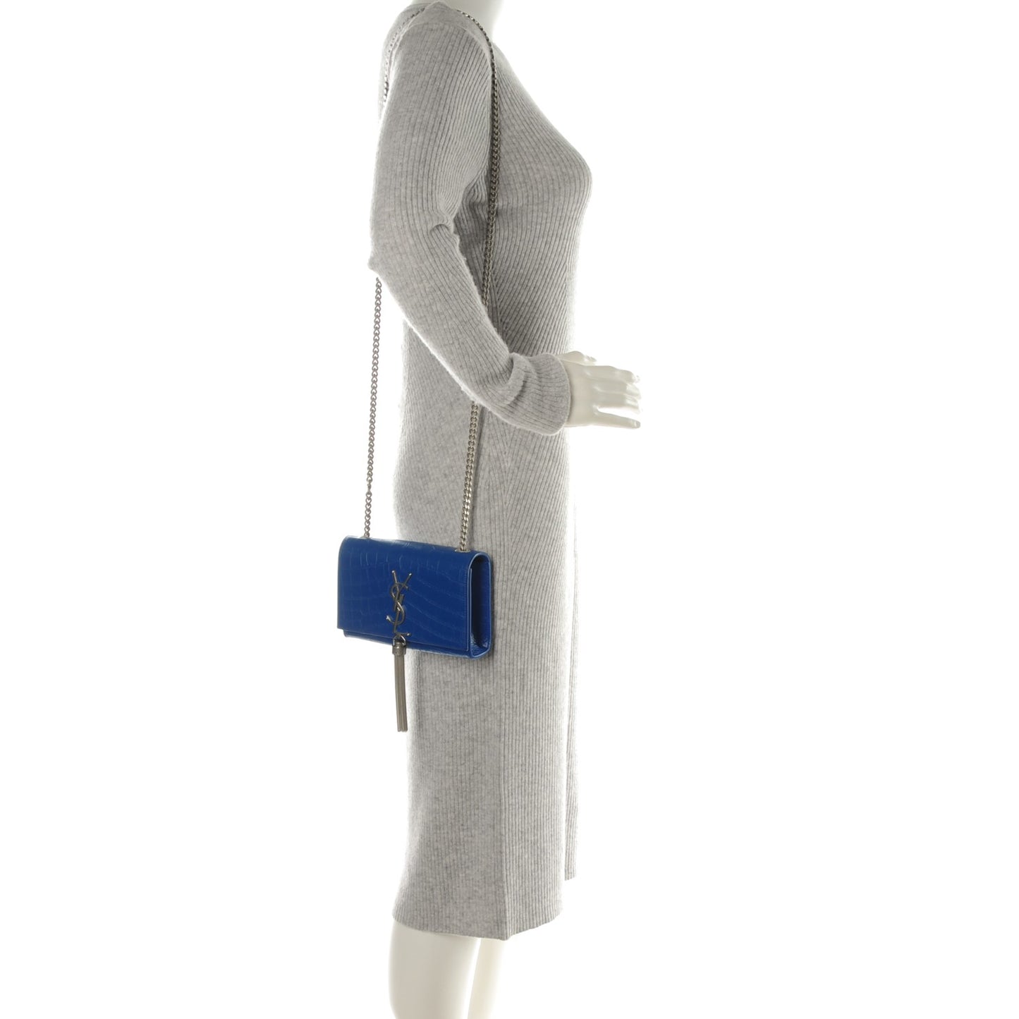 Calfskin Crocodile Embossed Small Classic Monogram Tassel Satchel Blue