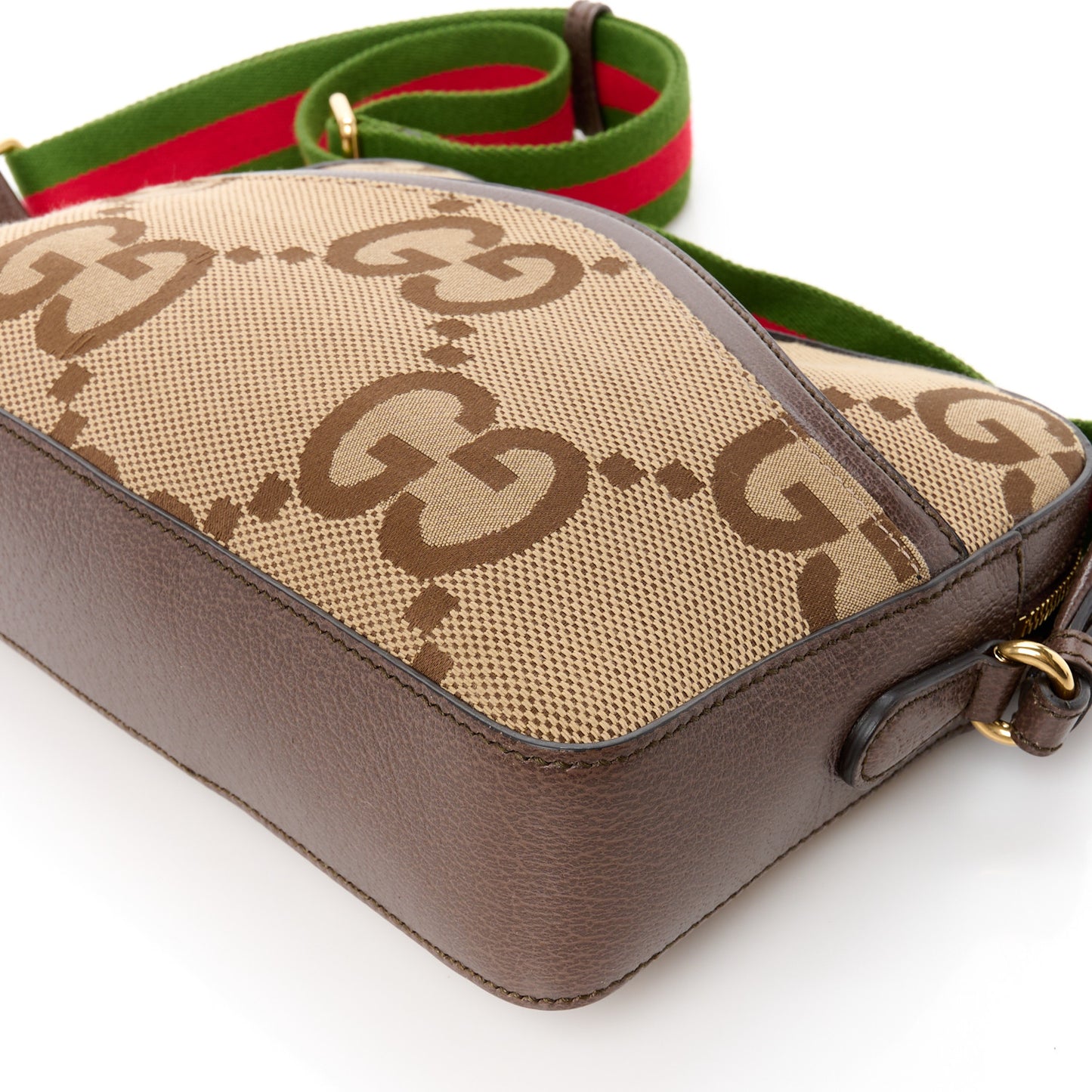 Monogram Jumbo GG Textured Dollar Calfskin Web Messenger Shoulder Bag Camel Ebony New Acero