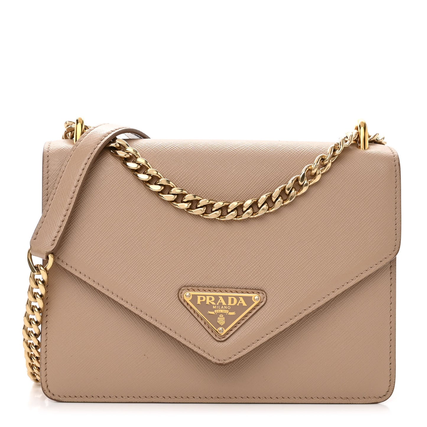 Saffiano Soft Calfskin Metal Triangle Logo Envelope Chain Shoulder Bag Cammeo