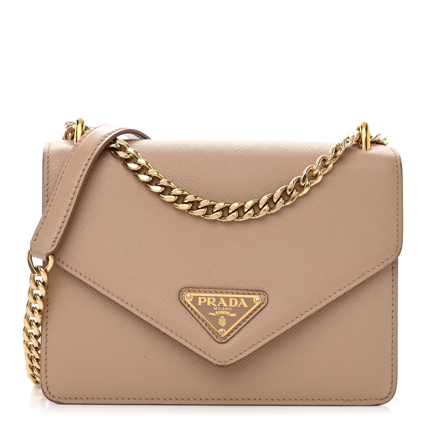 Prada Saffiano Soft Calfskin Metal Triangle Logo Envelope Chain Shoulder Bag Cammeo 1 of 9