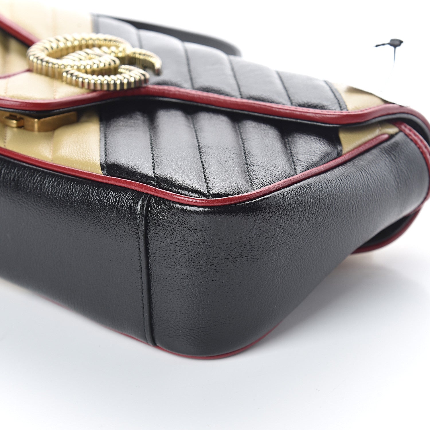 Gucci Vintage Effect Calfskin Matelasse Diagonal Striped Small Torchon GG Marmont Shoulder Bag Black Beige 7 of 7