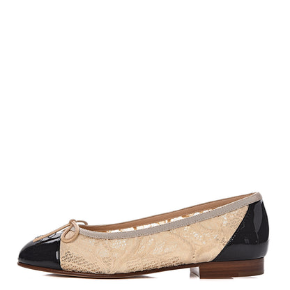 Chanel Lace Patent Cap Toe CC Ballerina Flats 35 Beige Black 1 of 10