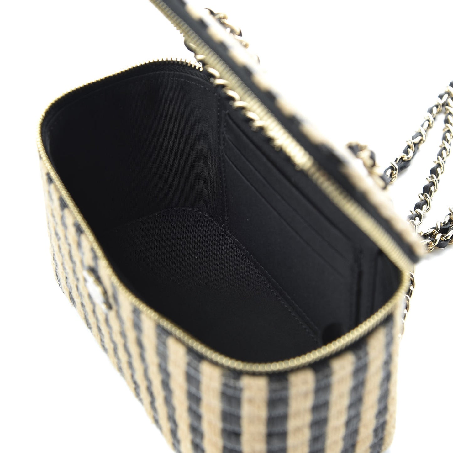 Raffia Jute Striped Small Vanity Case With Chain Black Beige