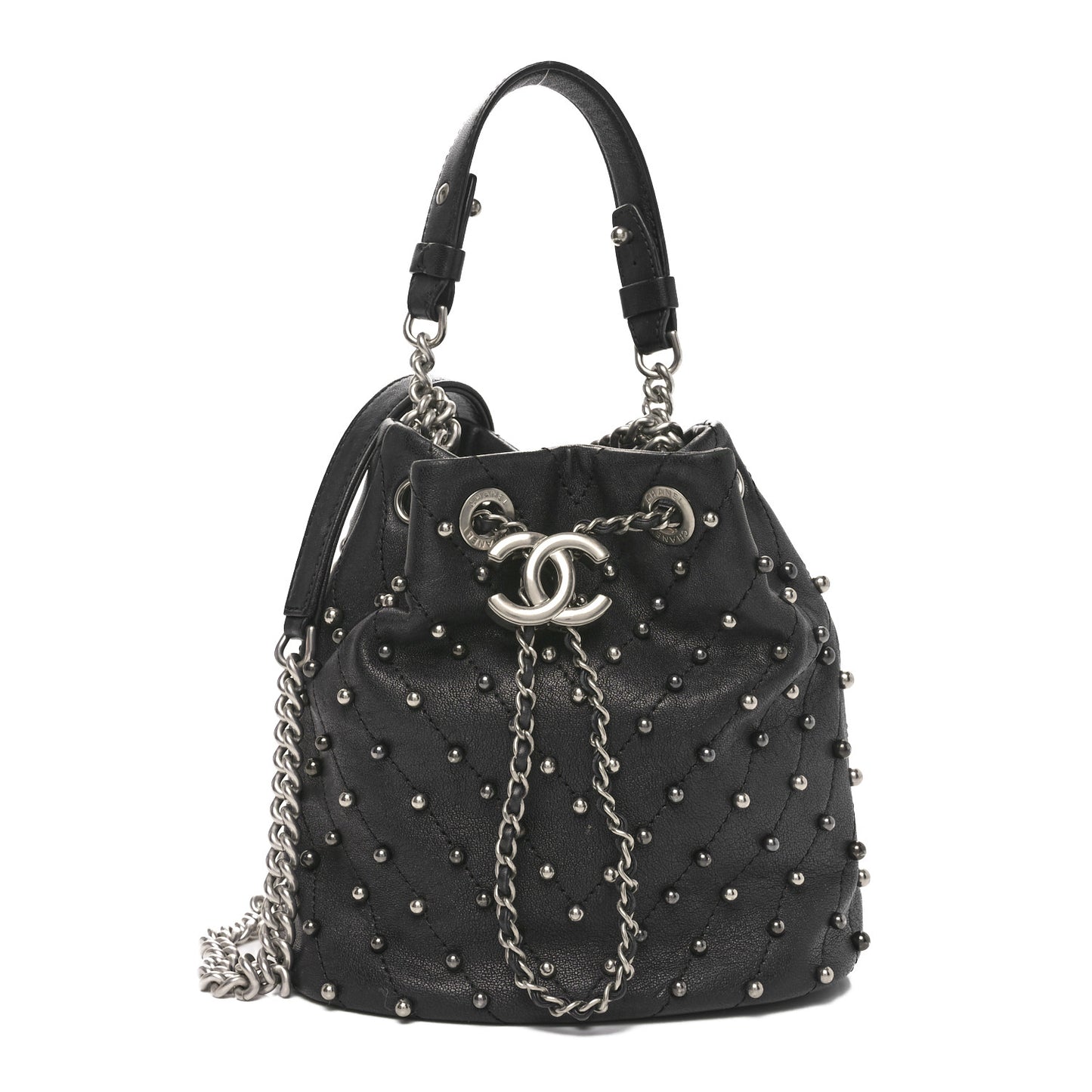 Lambskin Studded Chevron Quilted Small Stud Wars Drawstring Bag Black