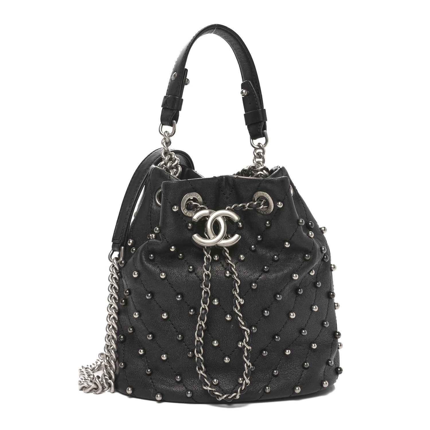Chanel Lambskin Studded Chevron Quilted Small Stud Wars Drawstring Bag Black 1 of 10