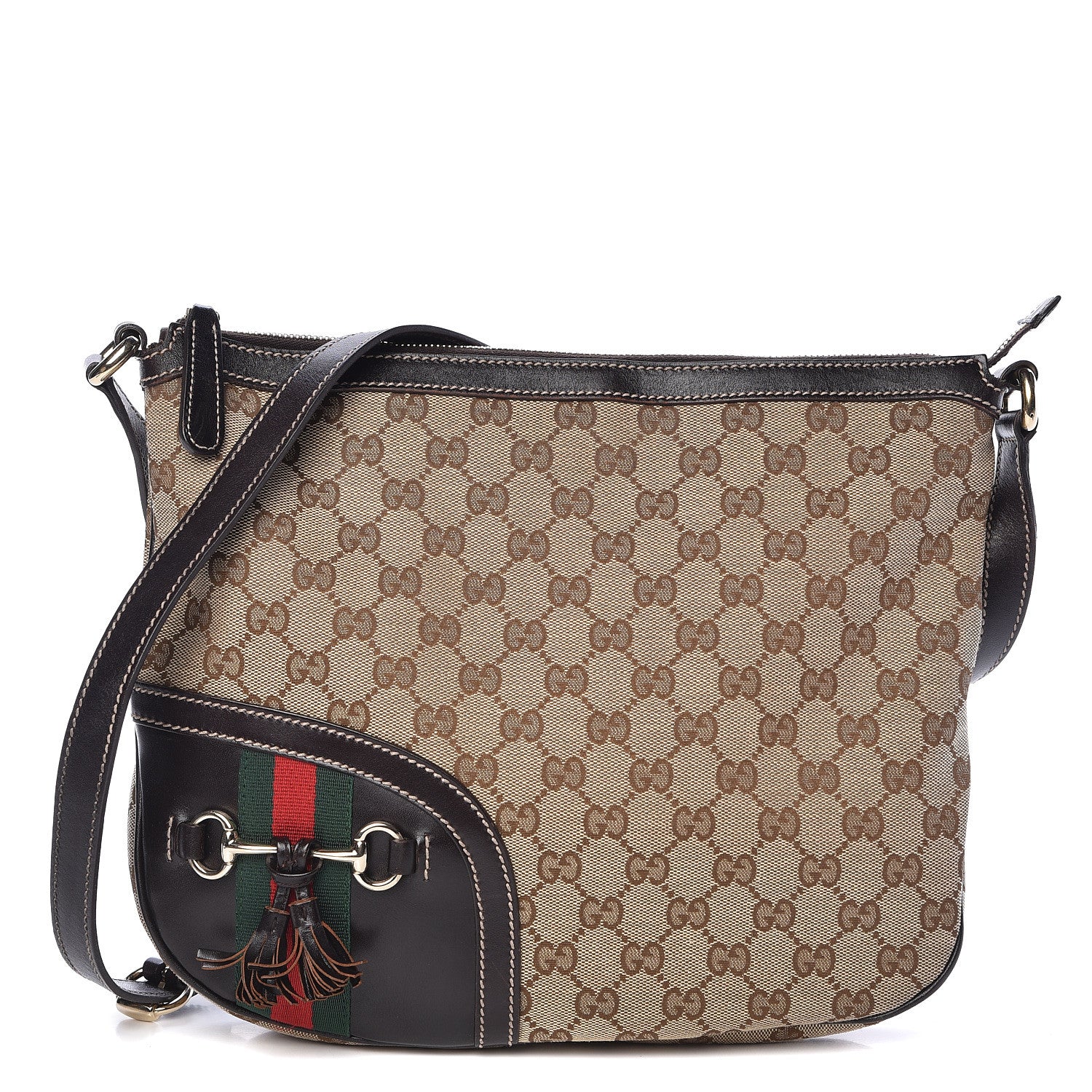 Gucci Monogram Horsebit Tassel Messenger Bag Dark Brown 1 of 10