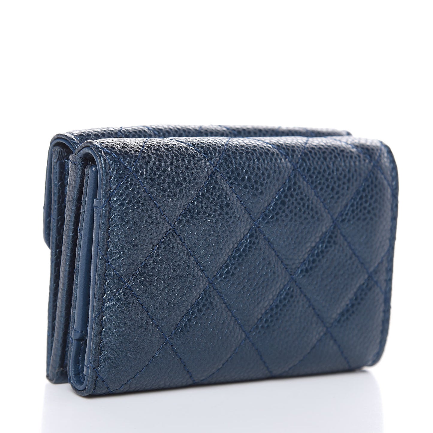 Metallic Caviar Quilted Compact Flap Wallet Dark Blue