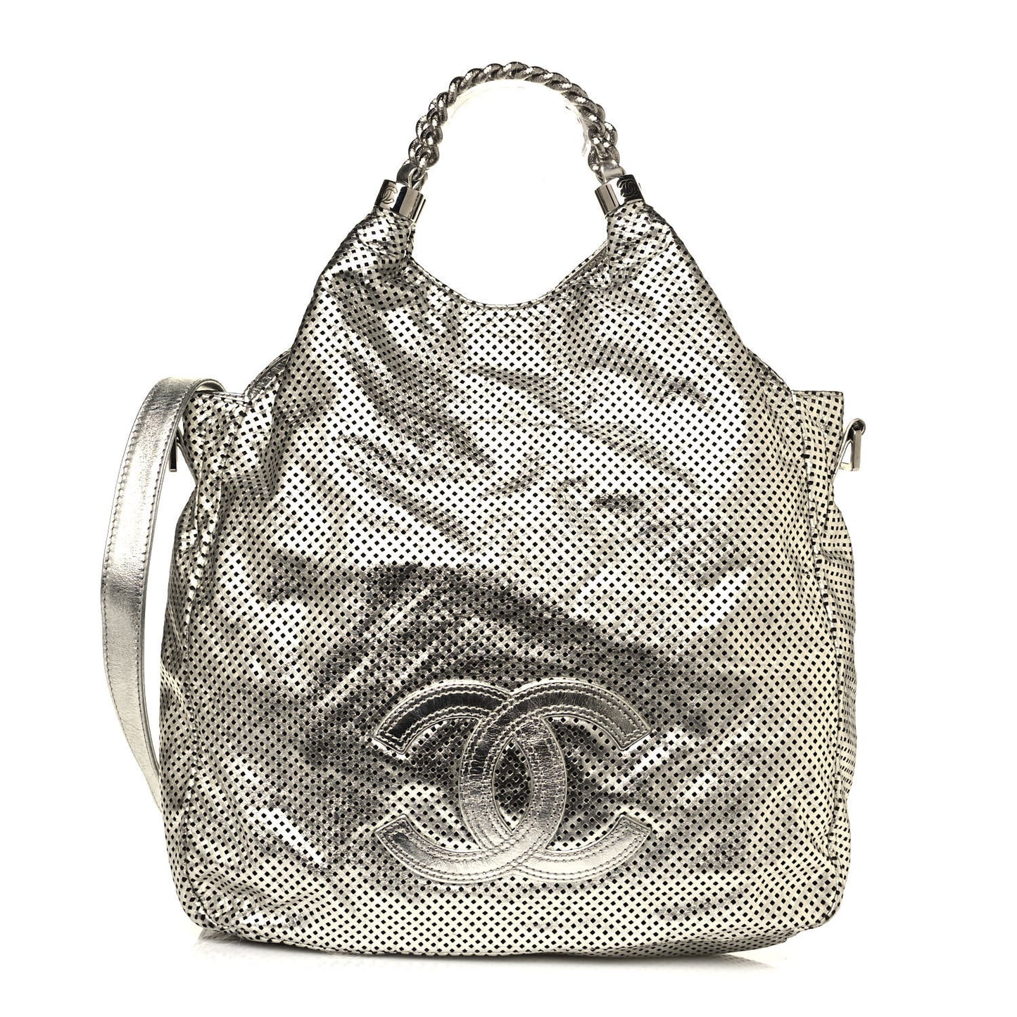 Metallic Glazed Calfskin Perforated Medium Rodeo Drive Tote Silver
