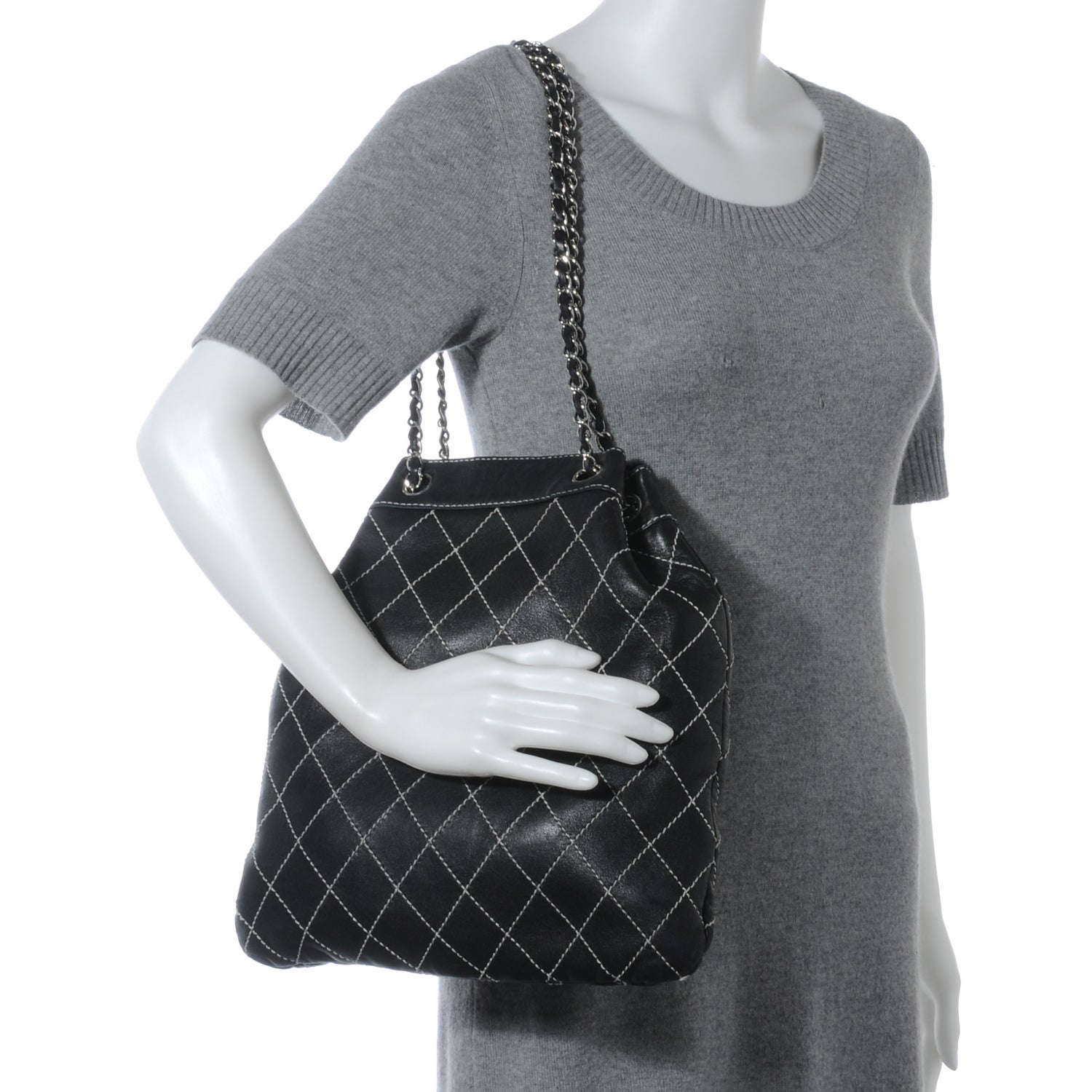 Chanel Lambskin Contrast Stitch Shoulder Bag Black 2 of 7