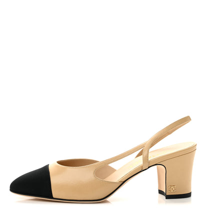 Chanel Goatskin Grosgrain Cap Toe CC Slingback Pumps 38.5 Beige Black 1 of 9