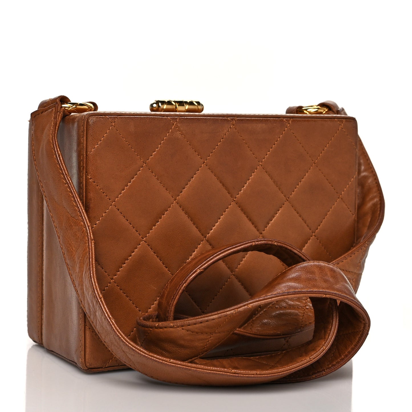 Lambskin Quilted Box Shoulder Bag Brown