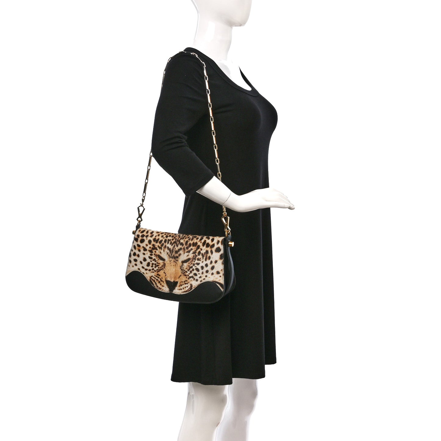 Calf Hair Leopard Print Shoulder Bag Black