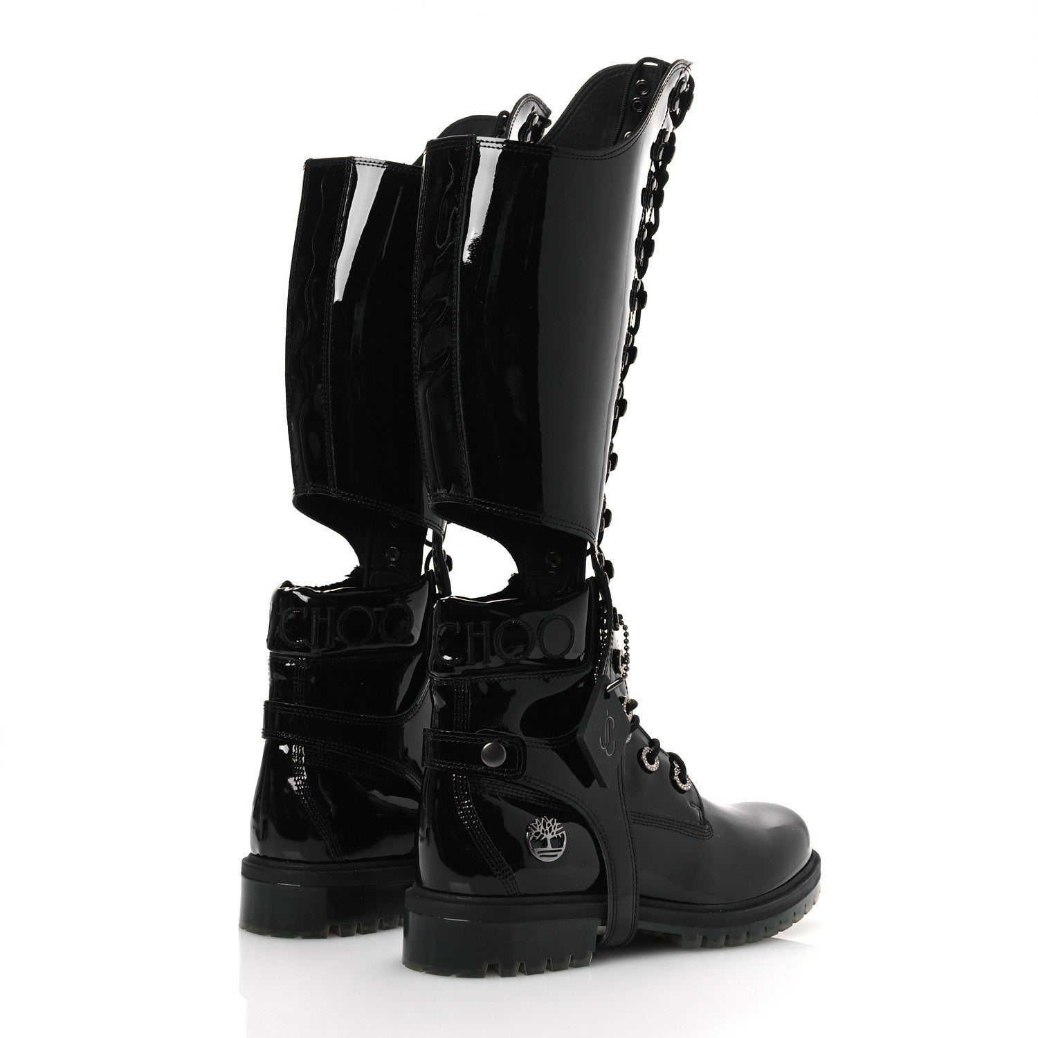 Jimmy Choo X TIMBERLAND Patent Crystal Womens Vibram Knee High Boots 8.5 Black 5 of 12