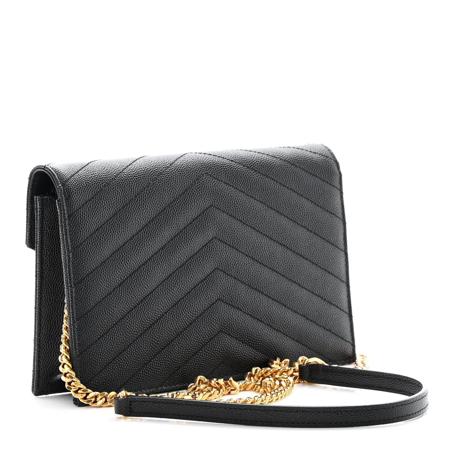 Saint Laurent Grain De Poudre Matelasse Chevron Monogram Envelope Chain Wallet Black 3 of 15