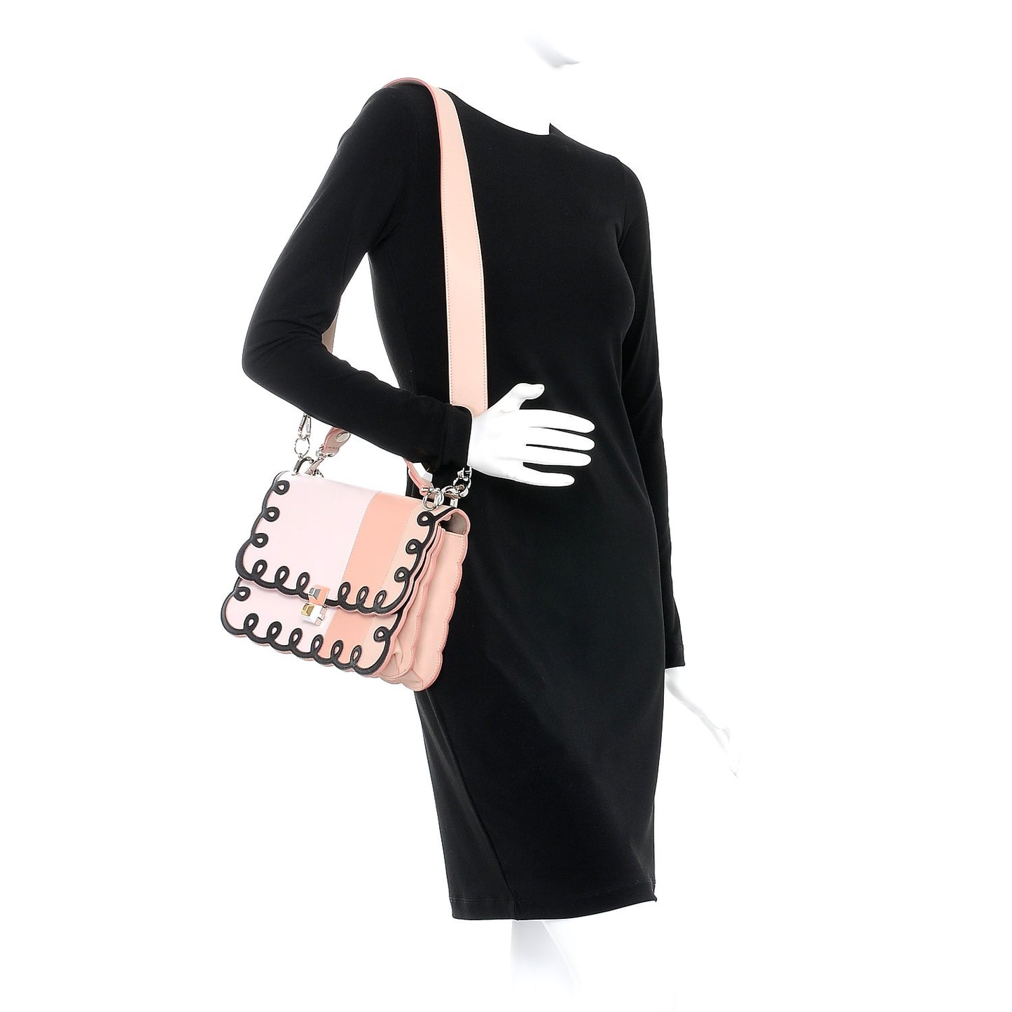 Vitello Dolce Scalloped Studded Scrollwork Kan I Shoulder Bag Plaster Black