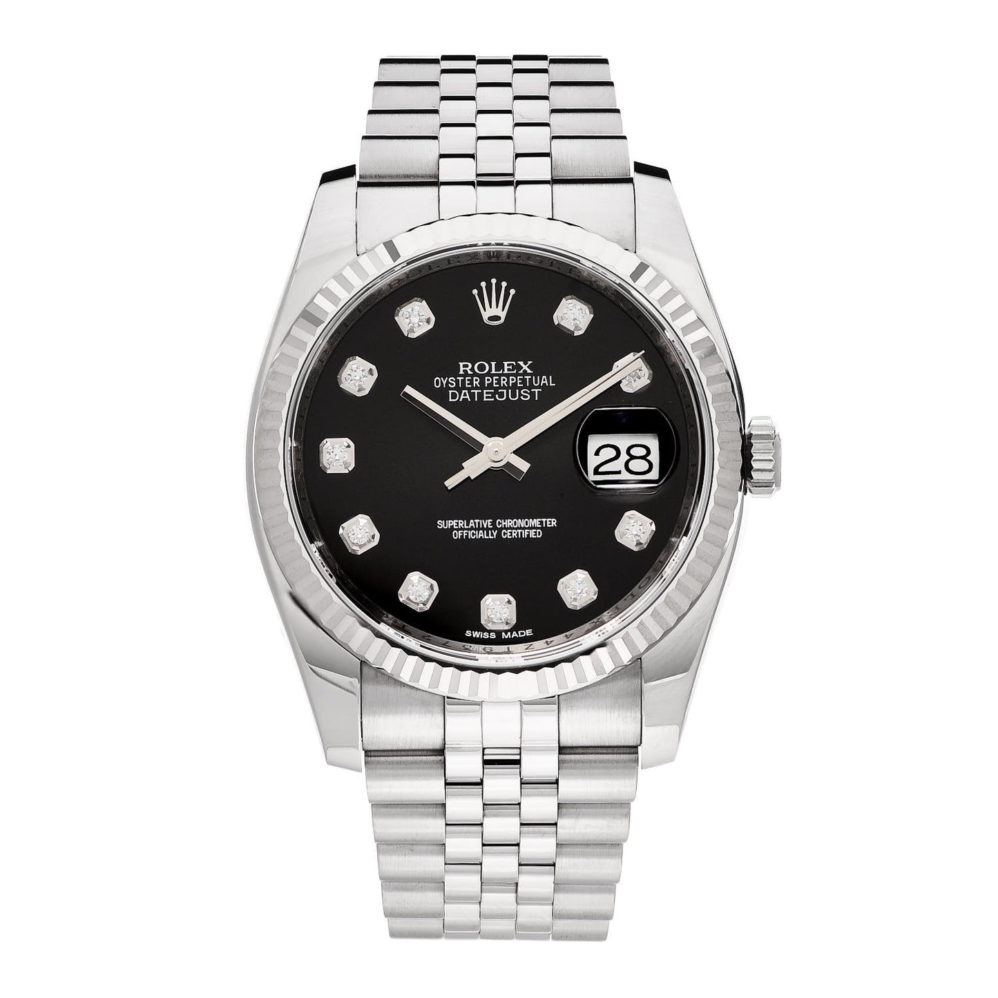 Stainless Steel 18K White Gold Diamond 36mm Oyster Perpetual Datejust Watch Black 116234