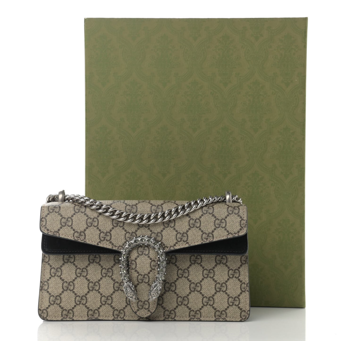 GG Supreme Monogram Suede Crystal Small Dionysus Shoulder Bag Beige Ebony Black