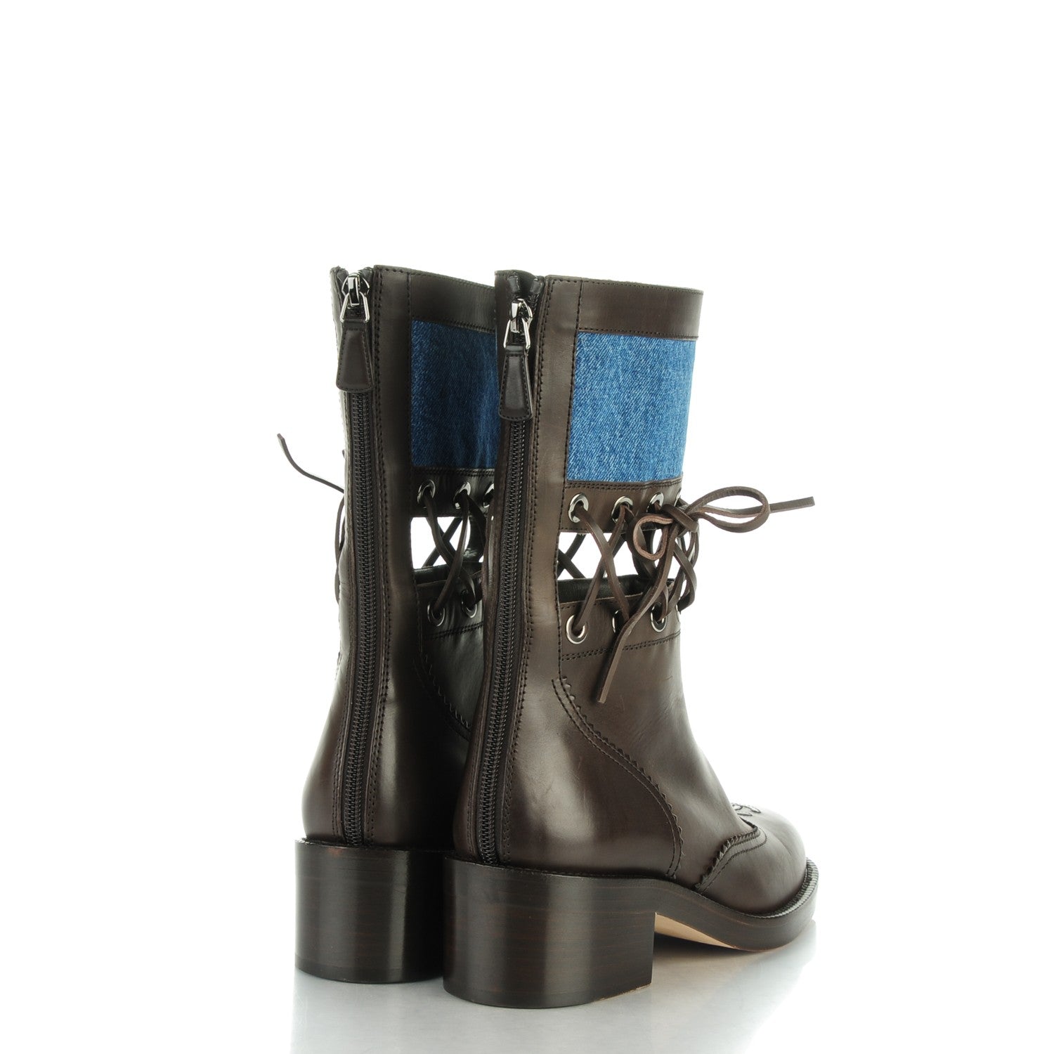 Chanel Calfskin Denim Lace Up Short Boots 38 Blue Brown 4 of 8