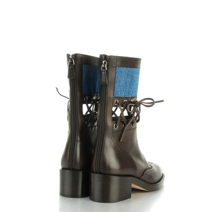 Chanel Calfskin Denim Lace Up Short Boots 38 Blue Brown 4 of 8