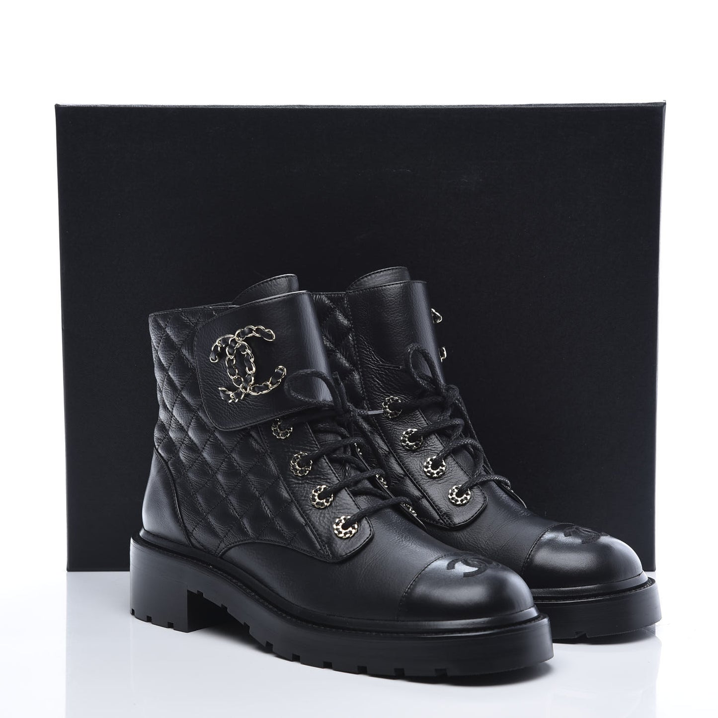 Shiny Goatskin Calfskin Quilted Lace Up Combat Boots 40.5 Black