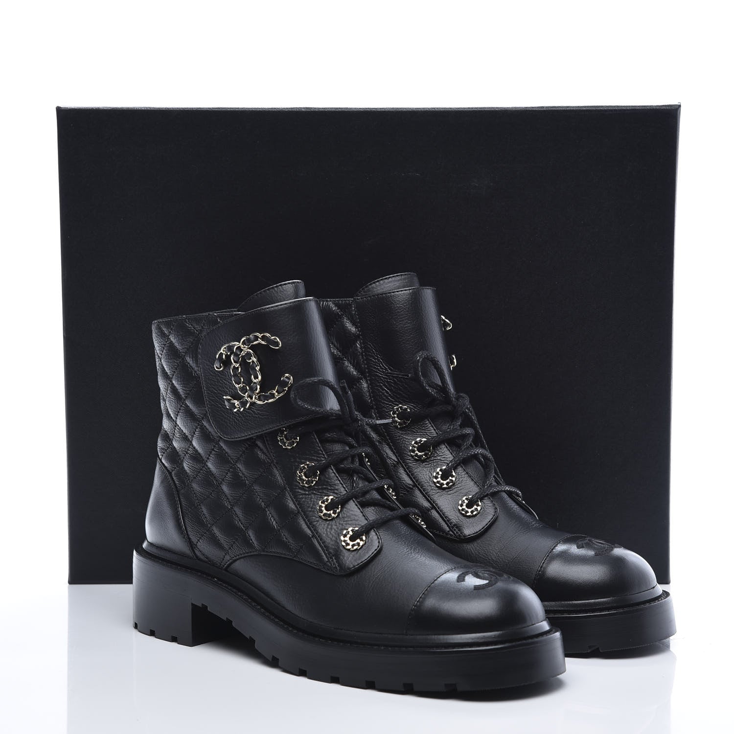 Chanel Shiny Goatskin Calfskin Quilted Lace Up Combat Boots 40.5 Black 9 of 9