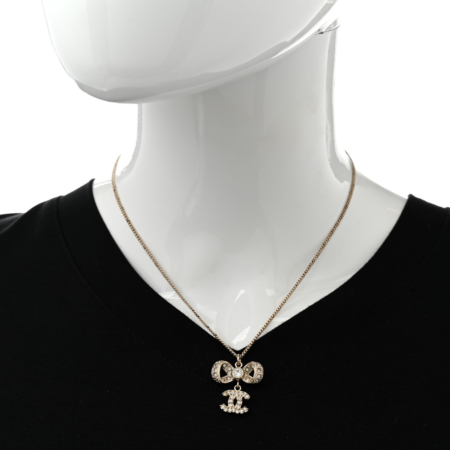 Chanel Metal Crystal CC Bow Drop Necklace Gold 2 of 8