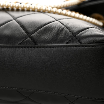 Chanel Calfskin Quilted Crystal Pearls Fold Over Shopping Tote Black 10 of 11