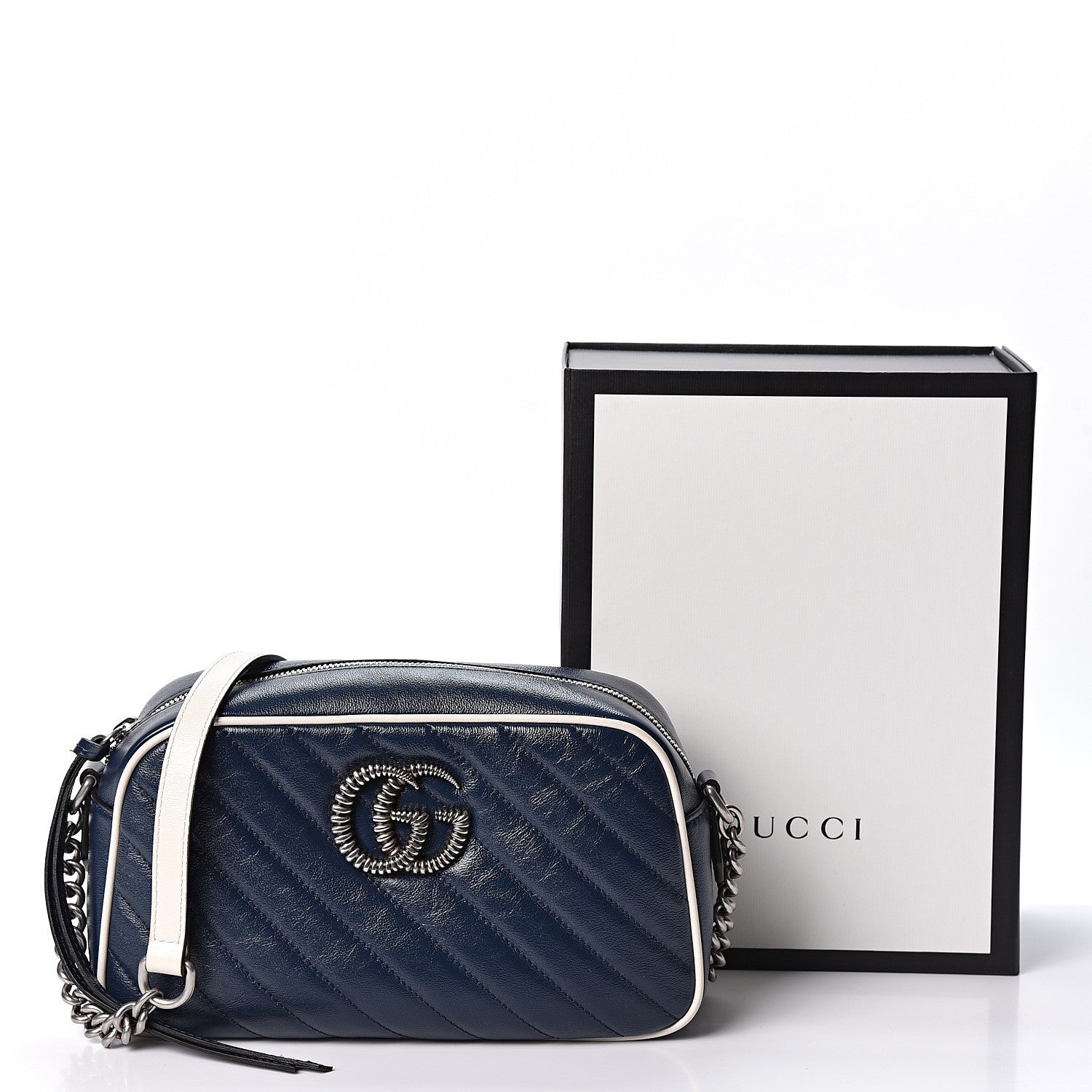 Gucci Vintage Effect Calfskin Matelasse Diagonal Small Torchon GG Marmont Chain Shoulder Bag Blue Agata Mystic White 10 of 10