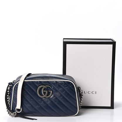 Gucci Vintage Effect Calfskin Matelasse Diagonal Small Torchon GG Marmont Chain Shoulder Bag Blue Agata Mystic White 10 of 10