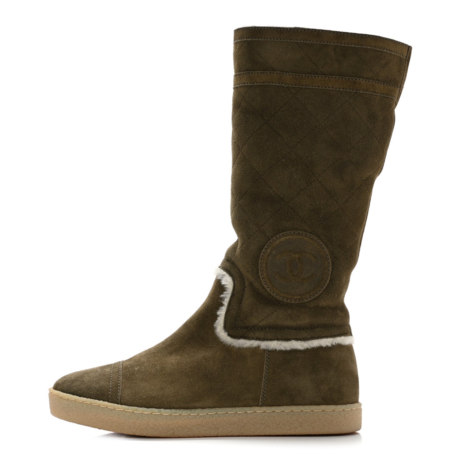 Chanel Suede Shearling Boots 36.5 Khaki 1 of 9
