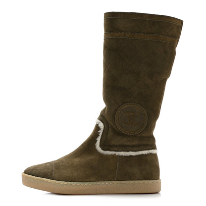 Chanel Suede Shearling Boots 36.5 Khaki 1 of 9