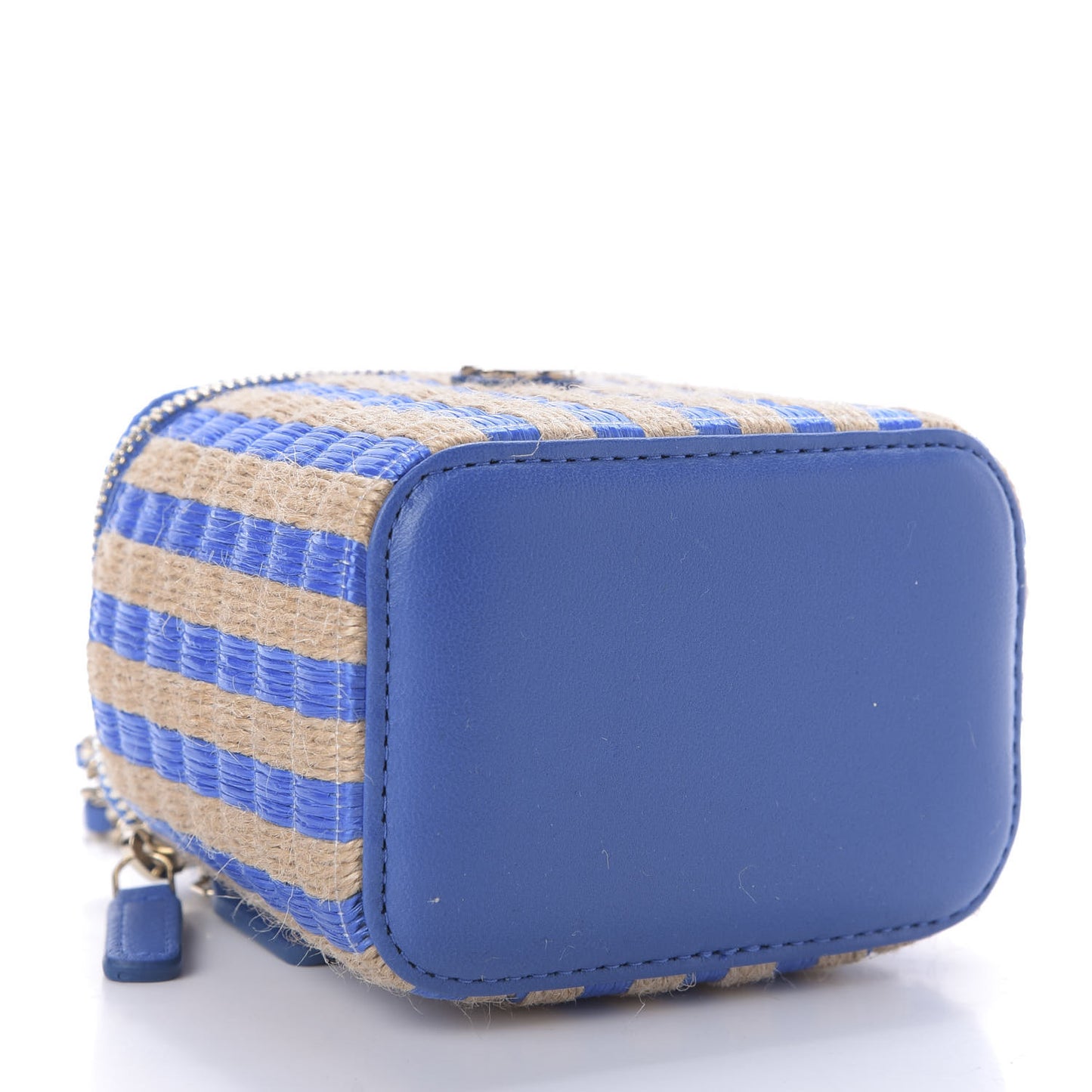 Raffia Jute Striped Mini Vanity Case With Chain Blue Beige